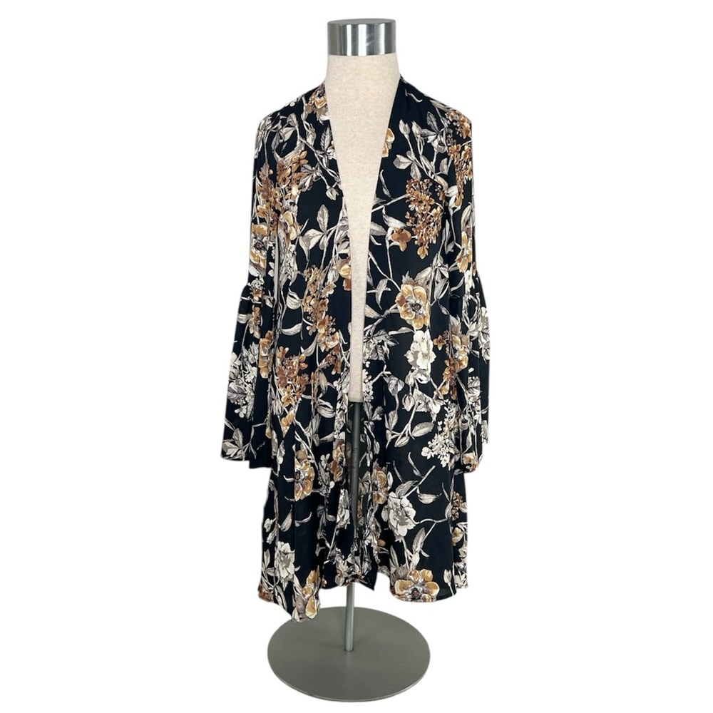 ADDIE Black Floral Open Front Lightweight Bellsleeve Cardigan Layer size Small